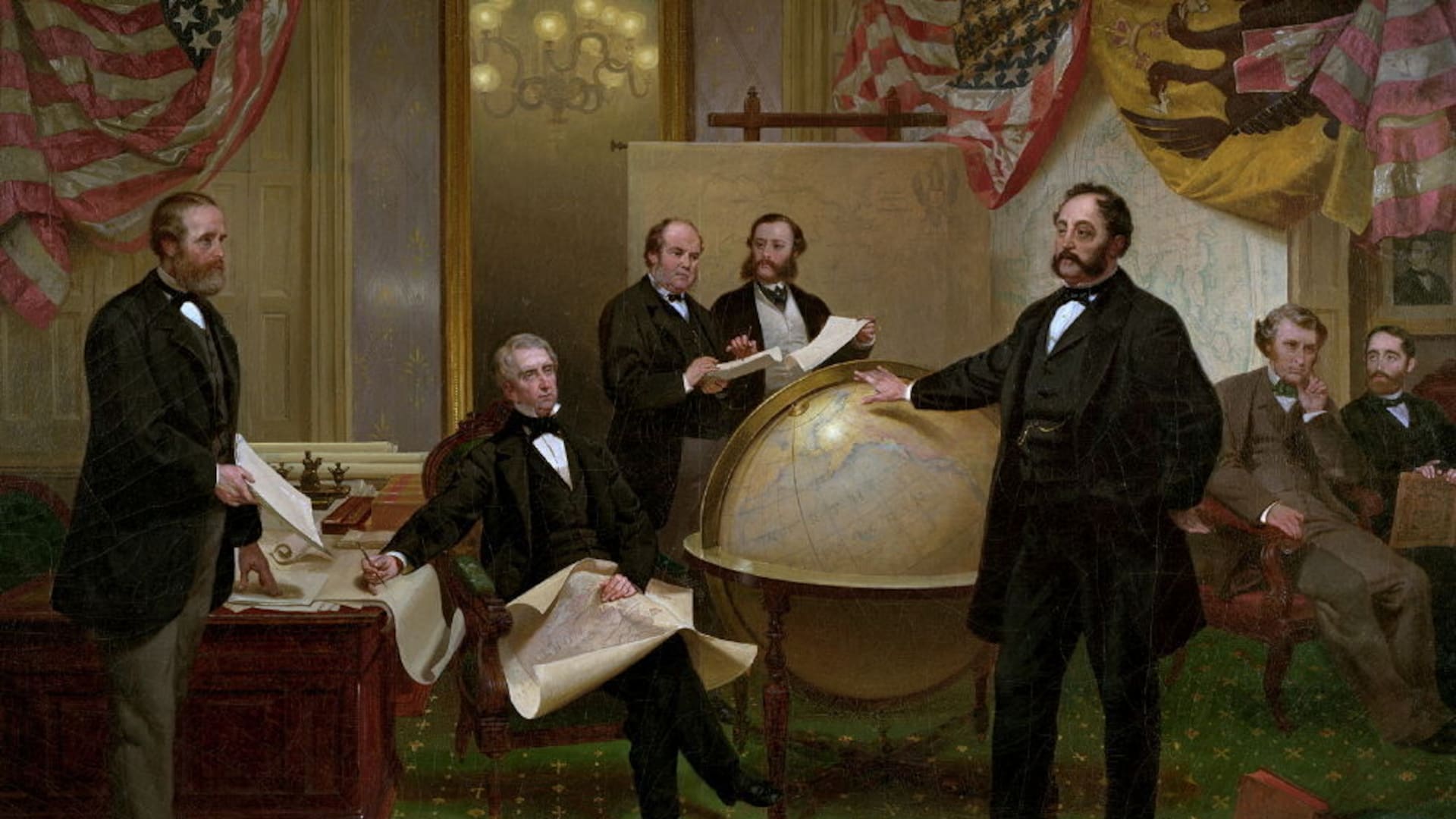 La firma del tratado de compra de Alaska el 30 de marzo de 1867. De izquierda a derecha: Robert S. Chew, William H. Seward, William Hunter, Vladimir Bodisco, Eduard de Stoeckl, Charles Sumner y Frederick W. Seward.