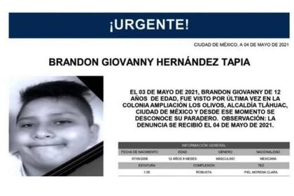 La Fiscalía de CDMX emitió una alerta Amber por la desaparición de Brandon Giovanny