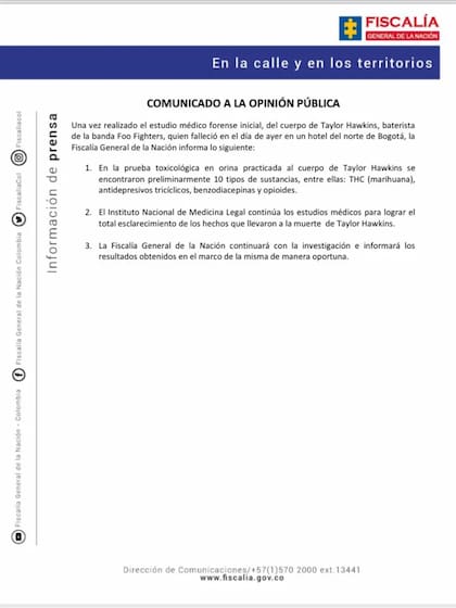 La Fiscalía de Colombia emitió un comunicado sobre las sustancias psicoactivas que encontraron en el cuerpo de Taylor Hawkins (Crédito: Fiscalía General de Colombia)