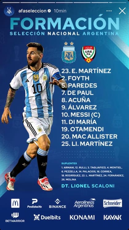 La formación del seleccionado nacional para enfrentar a Emiratos Árabes Unidos (Foto: Instagram @afaseleccion)