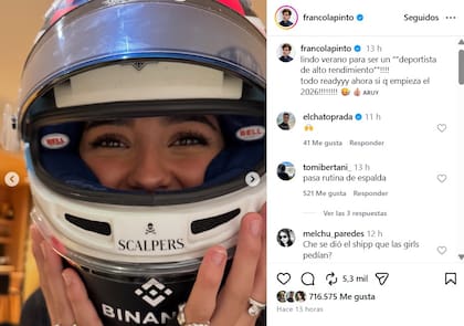 La foto de Maia Reficco con el casco en la publicación de Franco Colapinto