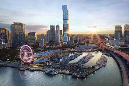 La futura cara de la Bahía Biscayne, con el programado "edificio de cubos" llamado Waldorf Astoria Hotel & Residences Miami