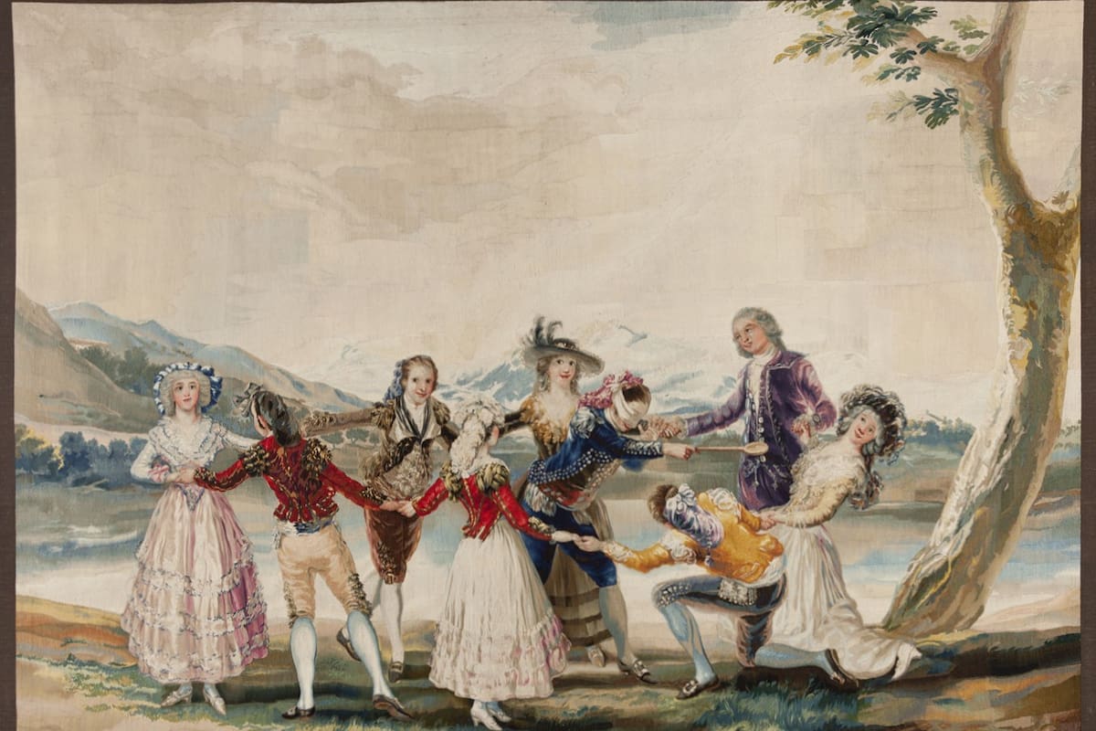"La gallina ciega" (1789-1803), tapiz de la Real Fábrica de Tapices de Santa Bárbara, España, según diseño de Francisco de Goya y Lucientes