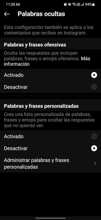 La gestión de comentarios de Threads es la misma que la de Instagram, y permite filtrar respuestas agresivas a una publicación