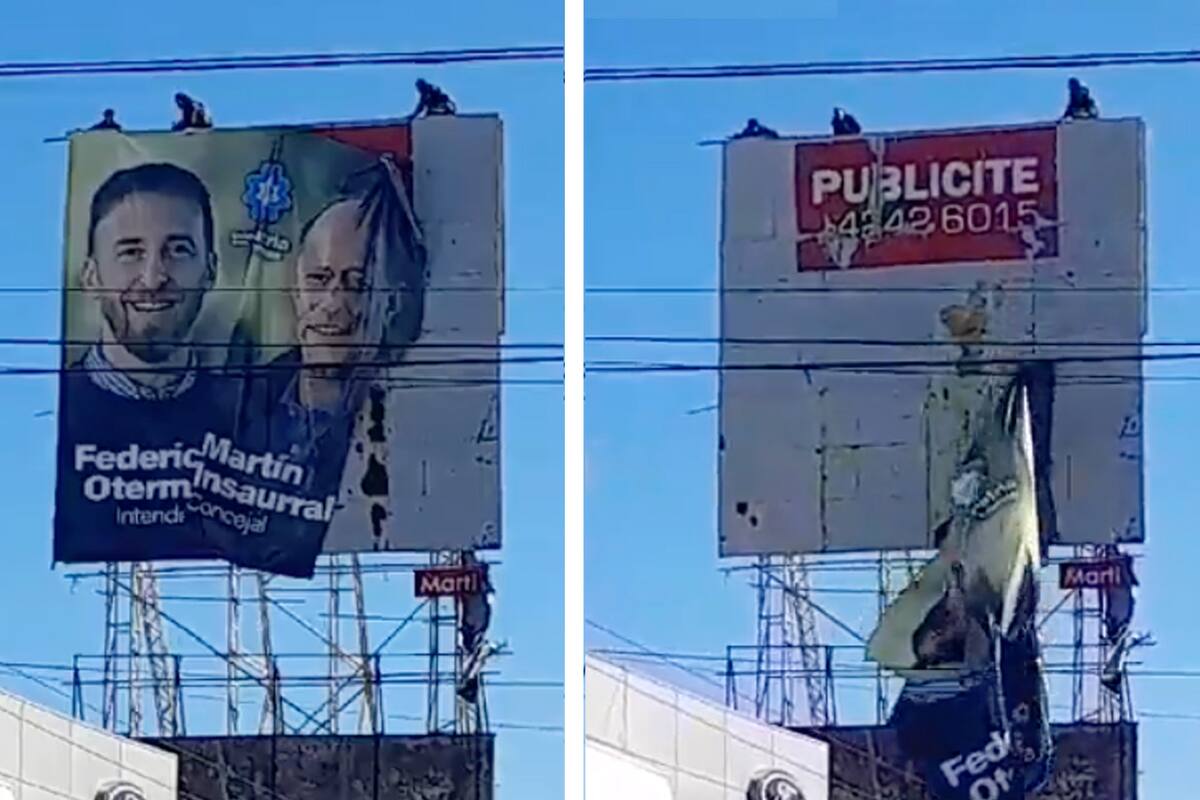 La gigantografía de Federico Otermín y Martín Insaurralde que fue retirada del centro de Lomas de Zamora, a una cuadra del municipio