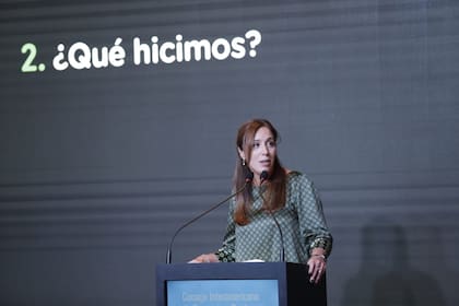 La gobernadora bonaerense durante el discurso en el Consejo Interamericano de Comercio y Producción