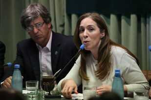 La gobernadora bonaerense María Eugenia Vidal, durante su visita a Carbap en la campaña electoral de 2019