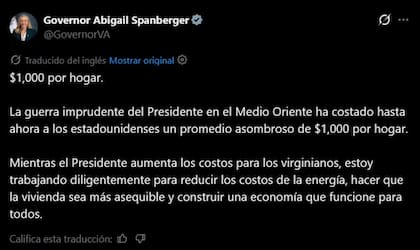 La gobernadora de Virginia responsabiliza a la administración Trump por el incremento de los costos
