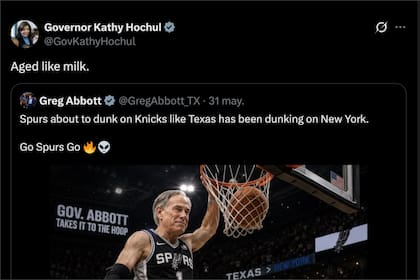 La gobernadora Hochul citó un mensaje provocativo de Abbott en redes sociales después del triunfo de los Knicks sobre los Spurs de Texas