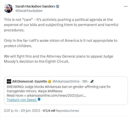 La gobernadora republicana de Arkansas, Sarah Elizabeth Huckabee, se opuso a la decisión de anular la ley