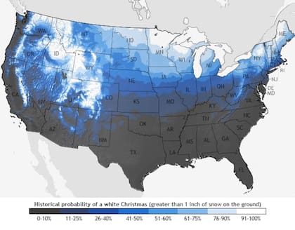 La gráfica muestra la probabilidad de caída de nieve en cada lugar de Estados Unidos basados en datos históricos de los últimos 30 años