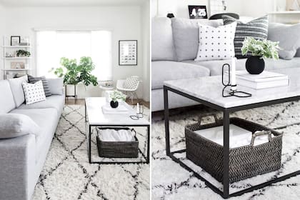 La gran protagonista de este living es la mesa ratona con estructura de hierro pintado en negro y tapa de mármol blanco. La alfombra aporta claridad para generar una percepción aún más luminosa del espacio