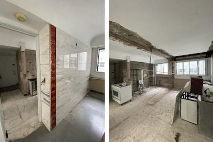 La gran superficie de un comedor diario que casi no se usaba permitió ampliar la cocina. Antes de demoler la pared divisoria, se retiró cuidadosamente el mármol del revestimiento para reutilizarlo en el futuro.