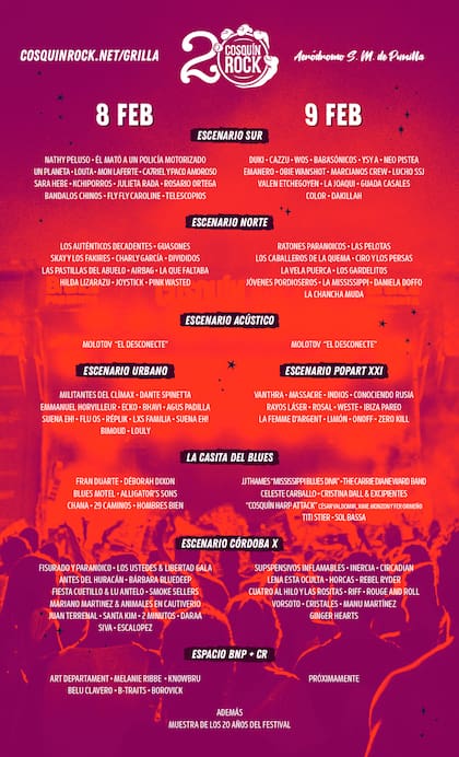 La grilla completa día por día del Cosquín Rock 2020