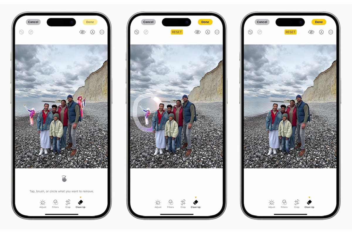 La herramienta Clean Up de iOS 18 en acción: permite seleccionar determinados elementos de una foto y borrarlos; el sistema genera la información faltante e intenta hacerla similar a su entorno para que no se note la edición