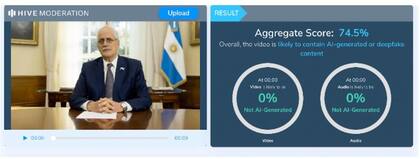 La herramienta Hive Moderation arroja un 75% de probabilidades de que el video haya sido generado con esa tecnología