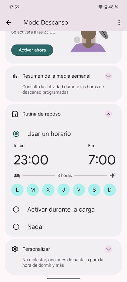 La herramienta permite silenciar el sonido de las notificaciones, atenuar el brillo del fondo y limitar las interrupciones en las horas que destinas a dormir (Foto: Captura)