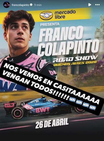 La historia de Franco Colapinto, en donde confirma su exhibición en la Argentina (https://www.instagram.com/francolapinto)