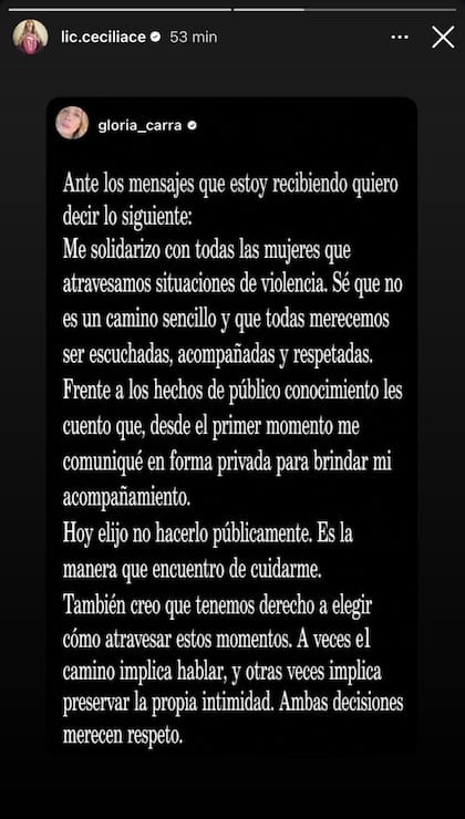 La historia de Gloria Carrá, compartida por Cecilia Cé