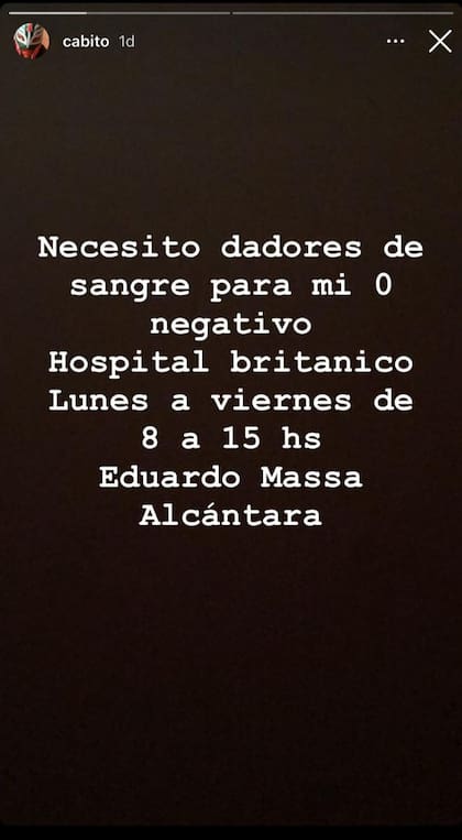 La historia de Instagram donde Cabito pidió dadores de sangre