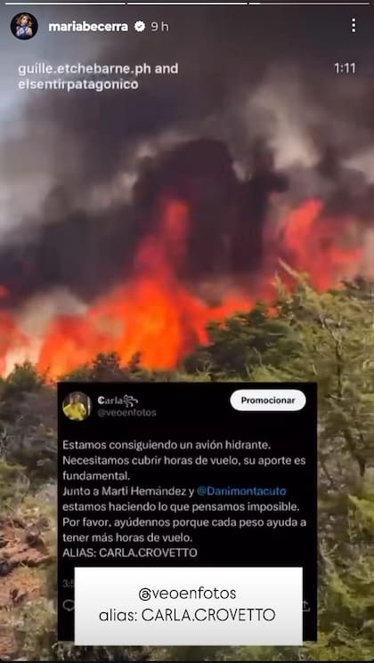 La historia de Instagram que compartió María Becerra para pedir ayuda por los incendios en la Patagonia