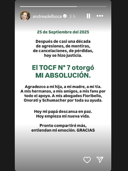 La historia que Andrea del Boca compartió en sus redes