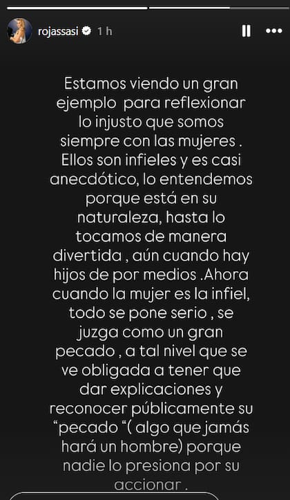 La historia que publicó Sabrina Rojas sobre la infidelidad de Gimena Accardi a Nicoláz Vázquez (Foto: Captura Instagram @rojassassi)