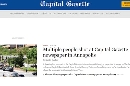 La homepage del Capital Gazette tiene como noticia principal el tiroteo en su propia redacción