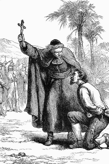 La ilustración muestra a un sacerdote bendiciendo a Walker antes de su ejecución en 1860 en Honduras