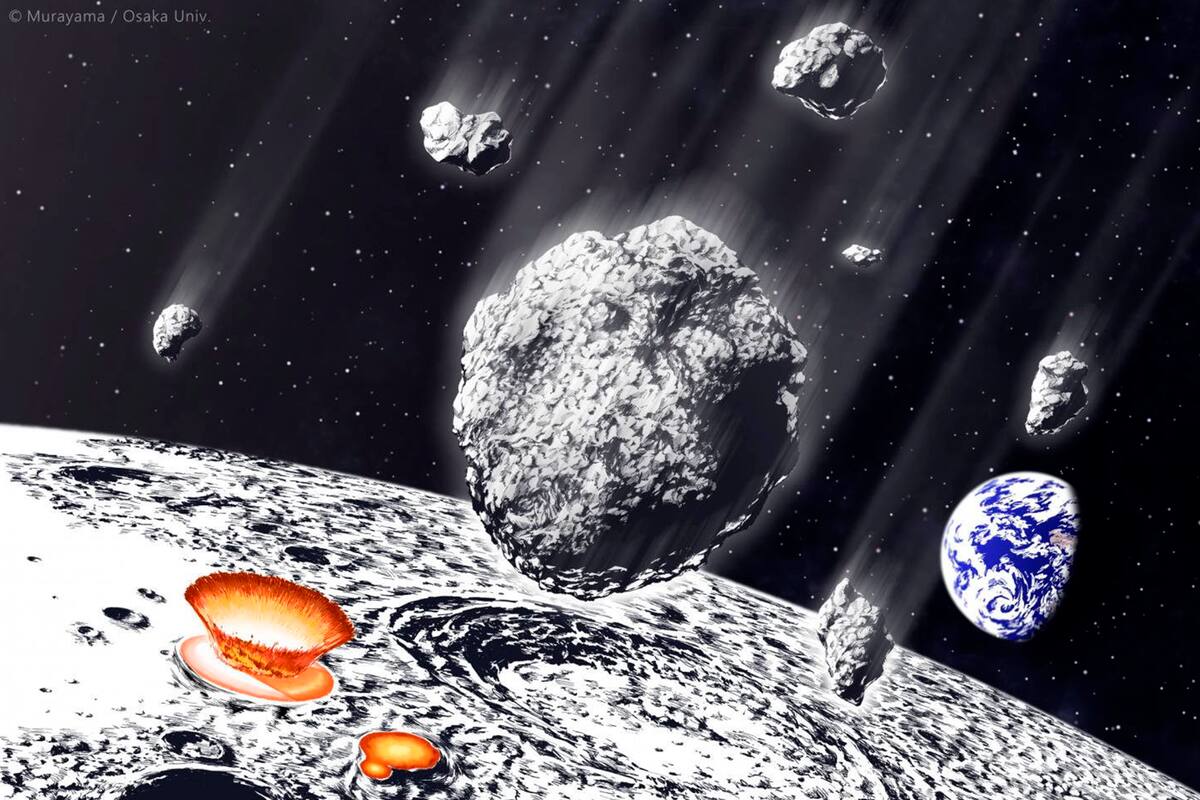 La ilustración muestra el bombardeo de una lluvia de asteroides sobre el sistema Tierra-Luna