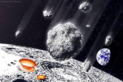 La ilustración muestra el bombardeo de una lluvia de asteroides sobre el sistema Tierra-Luna