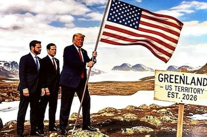 La imagen artificial muestra a Trump, Rubio y Vance en la nieve junto a un cartel que anuncia la anexión de Groenlandia para 2026 (Fuente: @realDonaldTrump)
