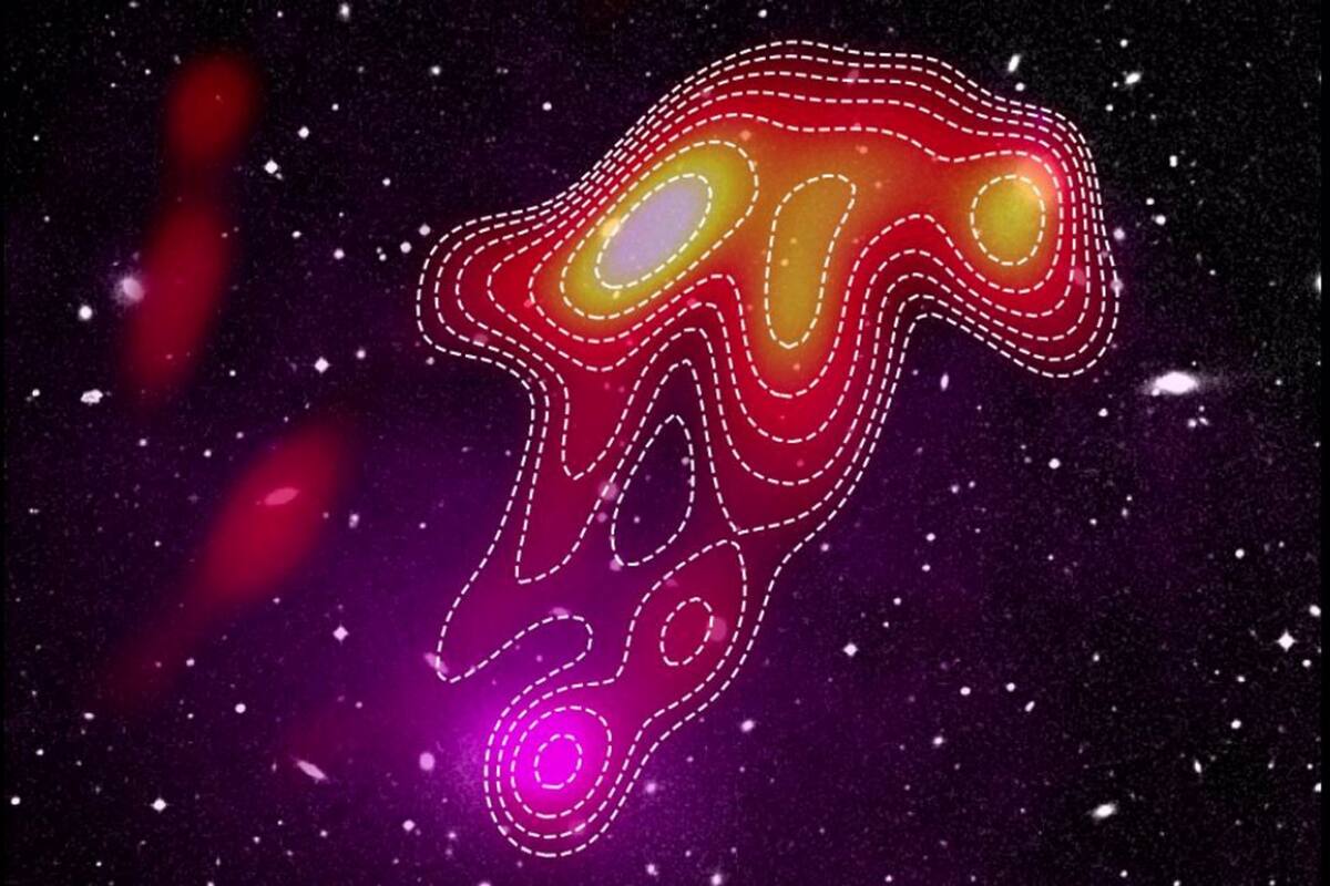 La imagen compuesta del USS Jellyfish en Abell 2877 que muestra el Digitized Sky Survey óptico (fondo) con datos de rayos X XMM (superposición magenta)