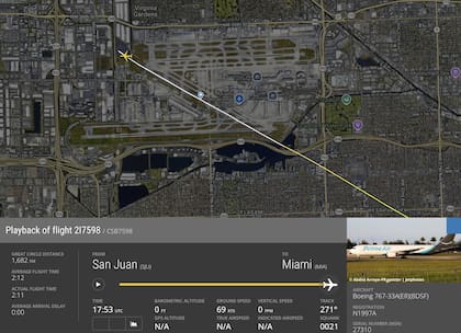 La imagen de Flightradar24 muestra como el carguero 767 se desvía de la pista y termina en una avenida