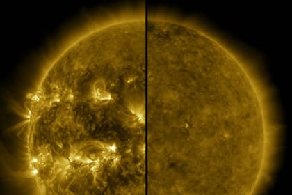 La imagen dividida muestra la diferencia entre un Sol activo durante el máximo solar (a la izquierda, capturado en abril de 2014) y un Sol tranquilo durante el mínimo solar (a la derecha, capturado en diciembre de 2019)