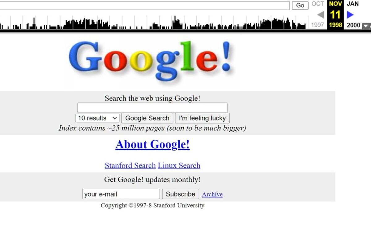 La imagen más antigua de Search guardada por el sitio Archive.org; es noviembre de 1998 y el buscador todavía está hospedado en Stanford. Indexa 25 millones de páginas, pero promete que pronto serán muchas más
