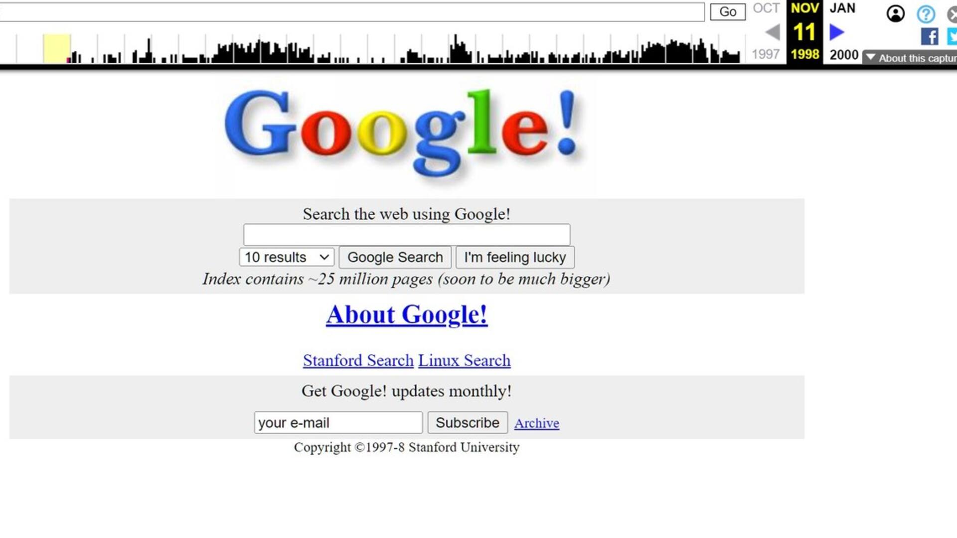 La imagen más antigua de Search guardada por el sitio Archive.org; es noviembre de 1998 y el buscador todavía está hospedado en Stanford. Indexa 25 millones de páginas, pero promete que pronto serán muchas más