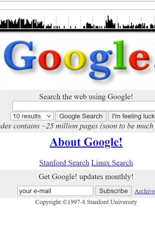 La imagen más antigua de Search guardada por el sitio Archive.org; es noviembre de 1998 y el buscador todavía está hospedado en Stanford. Indexa 25 millones de páginas, pero promete que pronto serán muchas más