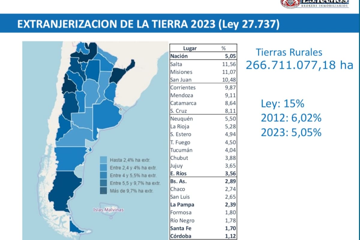La imagen muestra los porcentuales en hectáreas en cada provincia que están en posesión de extranjeros