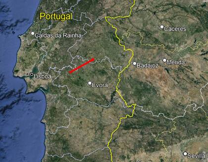 La imagen muestra su trayectoria; Se inició al oeste de la región portuguesa de Évora y finalizó al sur de la región del Alentejo, cerca del límite con la región de Évora