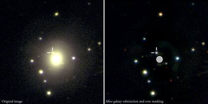 La imagen óptica obtenida del choque de estrellas neutrónicas: a la derecha, con la galaxia huésped removida…