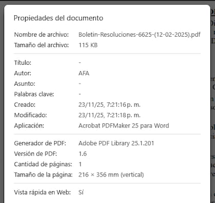 La imagen que presenta los últimos cambios realizados en el Boletín de Resoluciones 6625, con fecha original del 12 de febrero, y aparentemente modificado el domingo 23 por la noche
