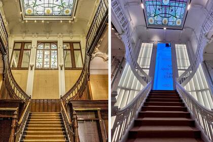 La imponente escalera ensambla los dos niveles del salón principal; la madera de balaustres y barandas se llevó a blanco mientras que los peldaños se lavaron hasta madera clara; el fondo actualmente cuenta con un panel retrolumínico, espejos cóncavos y una inmensa pantalla led.