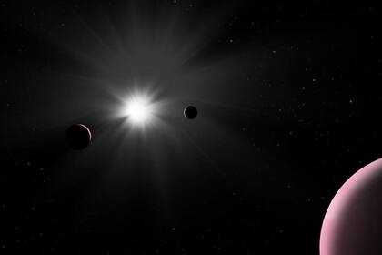 La impresión de este artista muestra el sistema planetario Nu2 Lupi, que fue explorado recientemente por el observador de exoplanetas de la ESA, Cheops