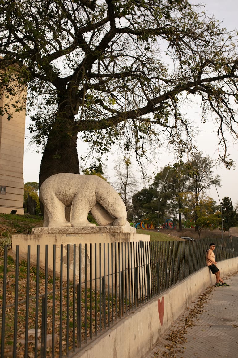 La inconclusa fuente del Oso Polar, cuyo modelo original en barro fue diseñado por Roberto Viola. Explanada del museo Caraffa.