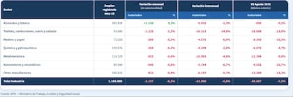 La industria perdió 89.667 trabajadores asalariados registrados desde agosto de 2023, una caída del 7,5%. Textiles, confecciones, cuero y calzado fue la rama más golpeada, con una contracción del 23%.