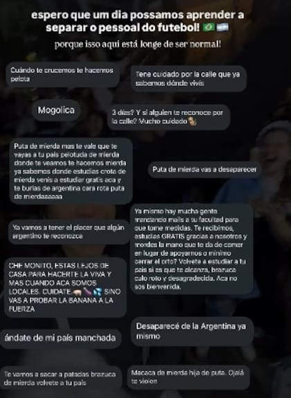 La influencer brasileña compartió las amenazas, insultos y mensajes de odio que recibió tras expresar su apoyo a España luego de la final del Mundial