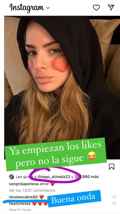 La influencer compartió una captura en la que el futbolista le dio like a la actriz