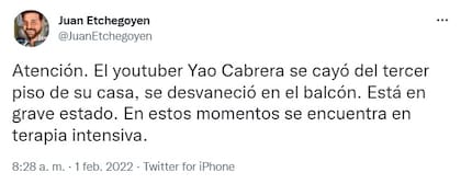 La información sobre el accidente de Yao Cabrera que brindó el periodista Juan Etchegoyen