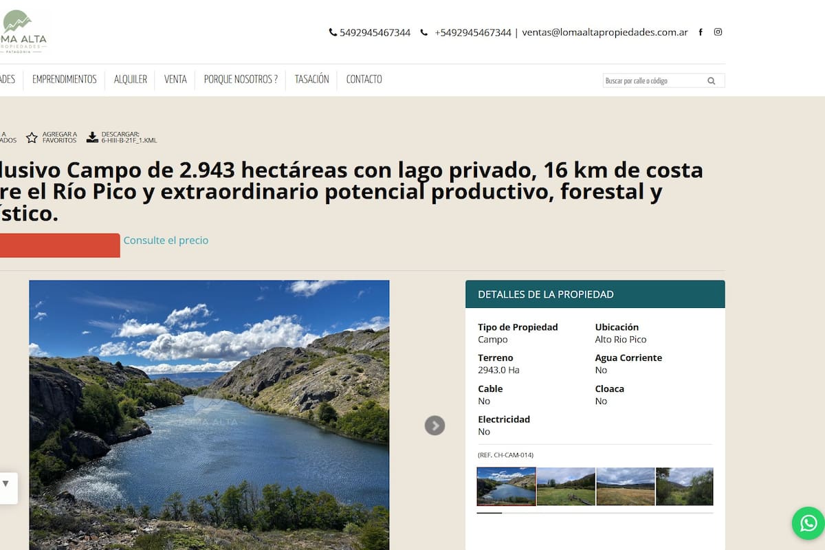 La inmobiliaria chubutense ofrece un campo de 2.943 hectáreas con lago privado y costa sobre el río Pico.